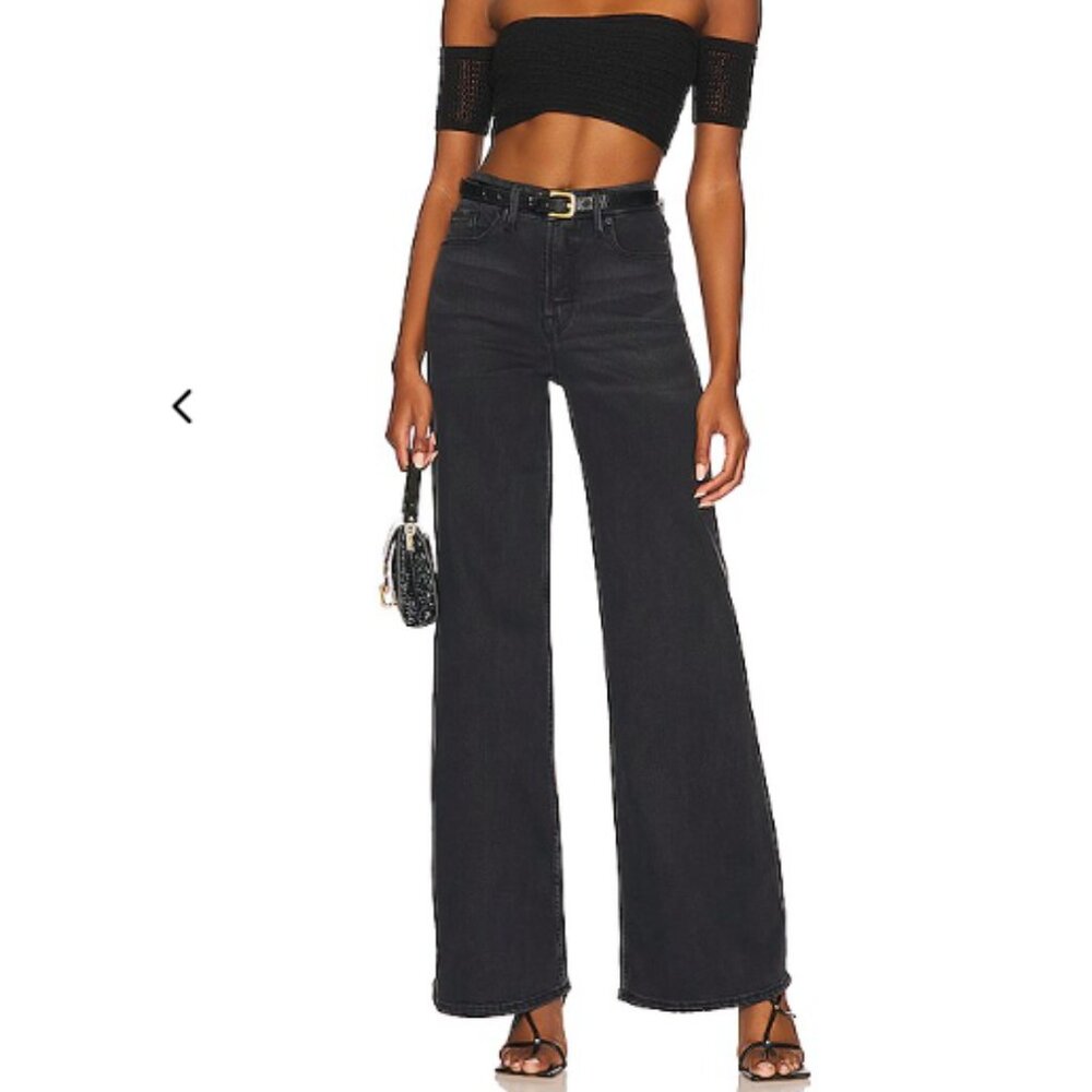Good American Revolve Good Palazzo Flare Black Denim Jeans size 26 minimal chic